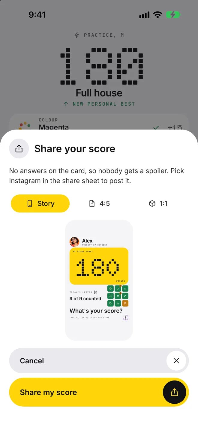 The share sheet with the score card for a story